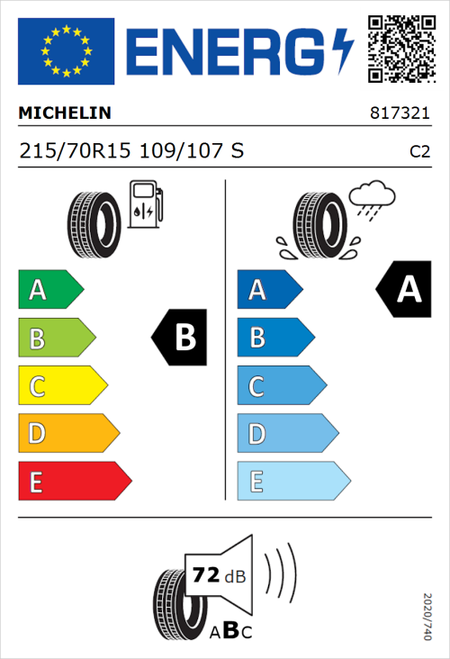 Tyre Label for Michelin Agilis 3 215/70R15 109/107S
