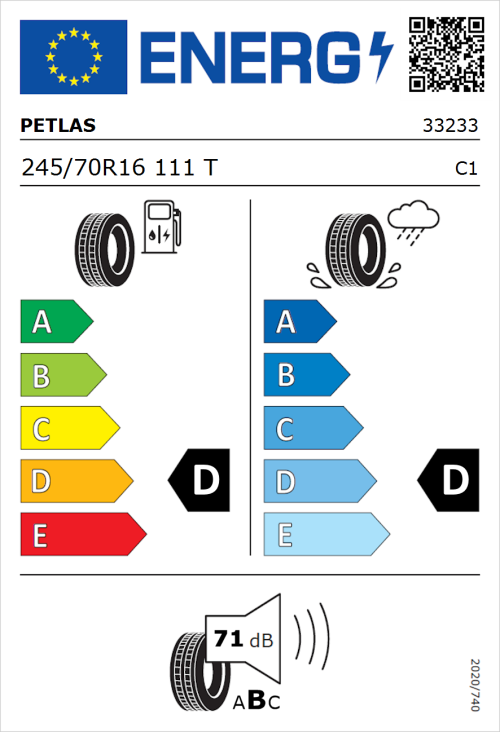 Tyre Label for Petlas Explero PT421 A/T 245/70R16 111T